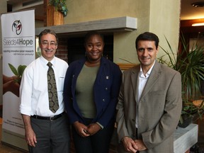 From left: Stephen Brown, a colleague of Mordechay Schlesinger; Pamela Ovadje, a doctorate student working with Sirayam Pandey; and Luis Rueda, at the Windsor & Essex County Cancer Centre Foundation on Oct. 30, 2013. (Jason Kryk / The Windsor Star)