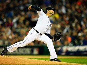 Detroit's Anibal Sanchez delivers the first pitch of the game against the Boston Red Sox in Game 5 of the American League Championship Series at Comerica Park on October 17, 2013 in Detroit. (Jamie Squire/Getty Images)