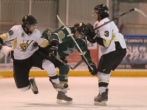 LaSalle's Nikko Sablone, left, and Nicolas Crescenzi, right, collide with St. Thomas' Mike Worby during junior B action Wed. Oct. 30, 2013, at the Vollmer Centre in Lasalle, Ont. The Vipers won 5-1. (DAN JANISSE/The Windsor Star)