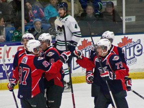 The Windsor Spitfires celebrate a goal in Plymouth Saturday. (Mandy Getschman/Plymouth Whalers)