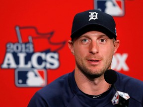 Detroit pitcher Max Scherzer answers a question during a news conference before Game 5 of the American League championship series against the Boston Red Sox in Detroit. (AP Photo/Paul Sancya)