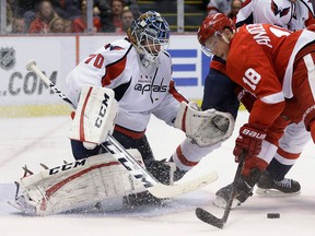 Detroit's Joakim Andersson, right, is stopped by Washington goalie Braden Holtby Friday in Detroit. (AP Photo/Carlos Osorio)