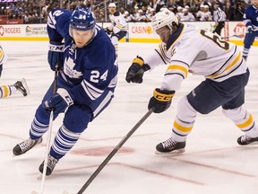 Toronto's Peter Holland, left, is checked by Buffalo's Brian Flynn Saturday. (THE CANADIAN PRESS/Chris Young)