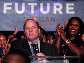 Mike Duggan celebrates his election as the new mayor of Detroit at a victory party at the Renaissance Center November 5, 2013 in Detroit.  (Bill Pugliano/Getty Images)