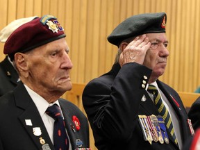 Distinguished Canadian military veterans Ralph Mayville, left, and Bernie Kelly attended City Council chambers along with about 20 other veterans to show their displeasure with the closing of the local Veteran Affairs office November 4, 2013. Mayville, 92,  was a member of the joint U.S. and Canadian Special Forces unit serving behind enemy lines during the Second World War. Kelly served during the Cuban missile crisis. Star file photo. (NICK BRANCACCIO/The Windsor Star)