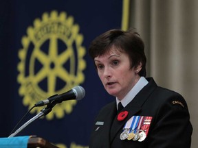 Rear-Admiral Jennifer J. Bennett, CMM, CD Chief of Reserves and Cadets-Canadian Armed Forces, speaks during the Rotary Club of Windsor 1918 luncheon on November 4, 2013 at the Caboto Club in Windsor, Ontario. (JASON KRYK/The Windsor Star)
