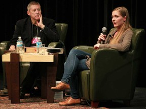 Author Eleanor Catton presents her new novel, The Luminaries, with moderator Karl Jirgens, University of Windsor English professor, at Windsor BookFest 2013 at the Capitol Theatre, Saturday, Nov. 2, 2013.  The Luminaries has been short-listed for the Man Booker Prize.    (DAX MELMER/ The Windsor Star)