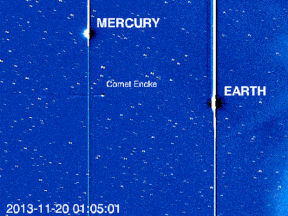 Comet ISON appeared in the higher-resolution HI-1 camera on NASA's STEREO-A spacecraft. Dark "clouds" coming from the right are more dense areas in the solar wind, causing ripples in Comet Encke's tail. Using comet tails as tracers can provide valuable data about solar wind conditions near the sun.