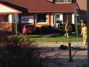 It was slow-going on Riverside Drive in Windsor this morning after a vehicle slammed int the Far Star accupuncture centre near Cameron Avenue. (TwitPic: Sean Previl/Special to The Star)