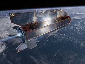 In this image, publicly provided by the European Space Agency ESA, research satellite GOCE flies above Earth. The European Space Agency says its GOCE research satellite will crash to Earth on Sunday night or early Monday, most likely over the ocean or polar regions. (AP Photo/European Space Agency,ESA)