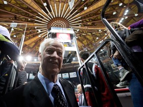 NHL Hockey Hall of Fame member Gordie Howe leaves the ice after an 85th birthday ceremony before the Vancouver Giants and Lethbridge Hurricanes WHL hockey game in Vancouver on Friday, March 1, 2013. Howe turns 85 on March 31. (THE CANADIAN PRESS/Darryl Dyck)
