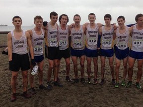 Windsor Legion runners, from left, Evan Ubene, Quinn Canella, Miles Matthews, Dylan Holmes, Alex Rocheleau, Skylar Edwards, 
Brendan Wallace, Kyle Denomme, Matt Pardo, Josh Kellier pose for a picture in Vancouver Saturday. (Courtesy of Brian Matthews)