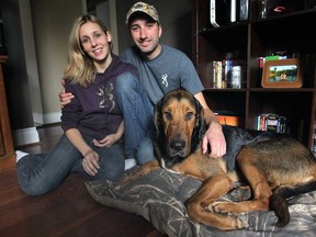 Kyle Villeneuve and his girlfriend Seannaugh Simpson were thrilled when someone found their injured dog Gunner after he ran off in the county almost a week ago. The couple pose with him Monday, Nov. 4, 2013, at their Windsor, Ont. home. (DAN JANISSE/The Windsor Star)