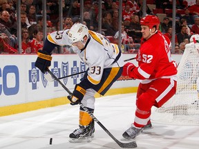 Colin Wilson #33 of the Nashville Predators tries to gain control of the puck in front of Jonathan Ericsson #52 of the Detroit Red Wings during the second period at Joe Louis Arena on November 19, 2013 in Detroit. (Gregory Shamus/Getty Images)