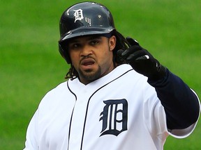 Detroit's Prince Fielder celebrates at first base after hitting a single against the Boston Red Sox during Game 3 of the American League Championship Series at Comerica Park. (Photo by Jamie Squire/Getty Images)