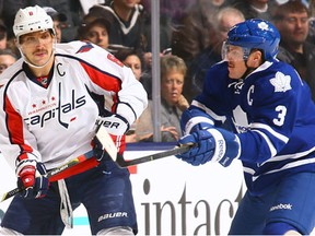 Toronto's Dion Phaneuf, right, checks Washington's Alex Ovechkin at the Air Canada Centre. (Photo by Abelimages/Getty Images)