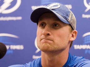 Tampa Bay's Steven Stamkos listens during a news conference in Tampa Monday. (AP Photo/The Tampa Tribune, Chris Urso)