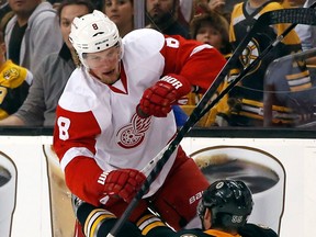 Detroit's Justin Abdelkader, left, checks Boston's Johnny Boychuk  in Boston. (AP Photo/Elise Amendola)