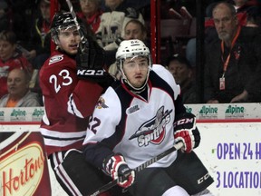 Windsor's Nick Ebert, right, is checked by Guelph's Zack Mitchell at the WFCU Centre. (JASON KRYK/The Windsor Star)