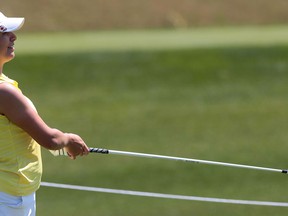 Tecumseh's Erica Rivard eyes a tee shot at the Ambassador Golf Club during the CN Canadian Women's Tour. (DAN JANISSE/The Windsor Star)