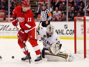 Dallas goalie Kari Lehtonen, right, makes a save on Detroit's Daniel Cleary at Joe Louis Arena. (Photo by Gregory Shamus/Getty Images)