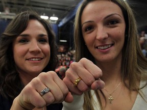 University of Windsor's Bethanie Wachna, left, and Bojana Kovacevic wear their CIA championship rings at the St. Denis Centre. (NICK BRANCACCIO/The Windsor Star)