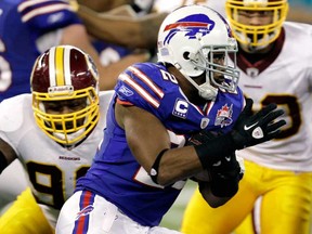 Buffalo's Fred Jackson, centre, runs against the Redskins during an NFL game in Toronto. The Bills will host the Atlanta Falcons Sunday at Rogers Center in Toronto. (AP Photo/David Duprey, File)