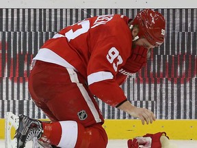 Detroit's Johan Franzen goes to his knees after a collision in a game against Boston Bruins at Joe Louis Arena November 27, 2013 in Detroit. (Leon Halip/Getty Images)
