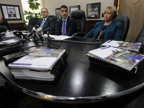 City of Windsor City Treasurer Onorio Colucci, Mayor Eddie Francis and CAO Helga Reidel (left to right) comment on the latest city budget following its release at city hall in Windsor on Friday, November 22, 2013.           (TYLER BROWNBRIDGE/The Windsor Star)