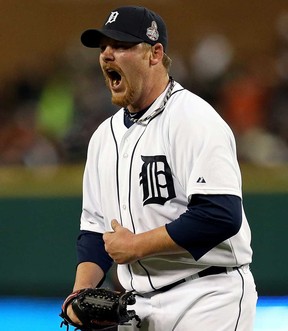 Detroit's Phil Coke reacts after striking out Hector Sanchez of the San Francisco Giants in Game 3 of the World Series at Comerica Park October 27, 2012 in Detroit.  (Jonathan Daniel/Getty Images)