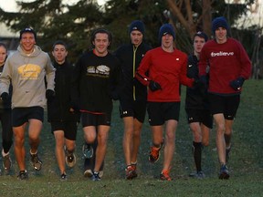 The Windsor Legion youth cross-country team trains at Malden Park in Windsor in preparation for the national meet in Vancouver. Runners include, from left, 
Olivia Little, Matt Pardo,  Evan Eubene, Dylan Holmes, Skylar Edwards, Alex Rocheleau, Brendan Wallace, Miles Matthews and Kyle Denhomme.
Mandie Jubenville is hidden. Absent are Quinn Cannella and Josh Kellier. (TYLER BROWNBRIDGE/The Windsor Star)