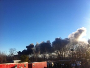 Smoke rises from a barn fire on Mersea Road 3 in Leamington on Nov. 12, 2013. (Twitpic: Tanner Stubbert/Special To The Star)