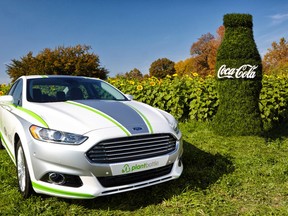 PlantBottle Technology from Coca-Cola is applied for the first time as part of the interior fabric of a Ford Fusion Energi plug-in hybrid research vehicle. The research vehicle uses PlantBottle Technology™ for seat cushions, backs, headrests, door panel inserts and headliners. (Courtesy of Ford)