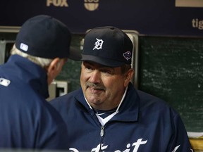 Detroit Tigers manager Jim Leyland, left, talks with pitching coach Jeff Jones during Game 1of the American League Division Series against the Oakland Athletics at Comerica Park on October 6, 2012 in Detroit. (Leon Halip/Getty Images)