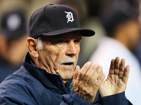 Jim Leyland reacts during Game 4 of the ALDS against Oakland at Comerica Park on October 8, 2013 in Detroit. (Rob Carr/Getty Images)