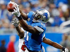 Detroit wide receiver Calvin Johnson, front,  is defended by Tampa Bay's Johnthan Banks at Ford Field in Detroit, Sunday, Nov. 24, 2013. (AP Photo/Rick Osentoski)