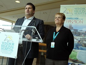 Windsor Regional Hospital CEO David Musyj and WRH board chair Gay Wrye give their reactions to MPP Teresa Piruzza's announcement that thoracic cancer care surgeries can continue in Windsor. Photographed Nov. 18, 2013. (Tyler Brownbridge / The Windsor Star)