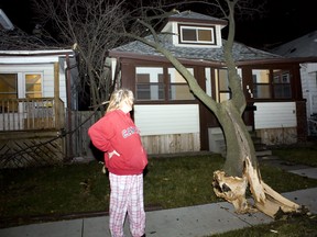 Elm Street resident Janice Elliott looks at the large branch that broke off a tree and fell on her house during the thunderstorm in Windsor Sunday, Nov. 17, 2013. (JOEL BOYCE/The Windsor Star)