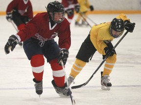 Tecumseh's Ethan Banks, left, brings the puck up the ice while being chased by Amherstburg's Cole Cote in the 18th Annual Hockey for Hospice Tournament at Tecumseh Arena, Sunday, Dec. 29, 2013.  (DAX MELMER/The Windsor Star)