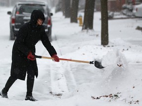 Toni Piazza shovels her driveway on the 800 block of Chilver Road after an overnight snowfall, Saturday, Dec. 14, 2013. This is the first significant snowfall of the season, with snow to fall throughout Saturday afternoon for an accumulation of 10 to 15 centimetres.  (DAX MELMER/The Windsor Star)