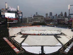 The Windsor Spitfires battle the Saginaw Spirit in the OHL Outdoor Doubleheader at Comerica Park, Sunday, Dec. 29, 2013.  Windsor defeated Saginaw 6-5 in the first ever OHL game played outside.  (DAX MELMER/The Windsor Star)