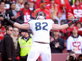 LaSalle's Luke Willson of the Seattle Seahawks celebrates after scoring on a 39-yard pass play against the San Francisco 49ers during the second quarter at Candlestick Park on Sunday, Dec. 8, 2013 in San Francisco, Calif.  (Thearon W. Henderson/Getty Images)