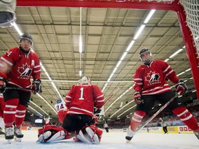 Canada's goaltender Jake Paterson, defencemen Aaron Ekblad (right) and Matt Dumba (24) react after being scored on by the Czech Repulic in the second period of round robin actoin at the IIHF World Junior Hockey Championships in Malmo, Sweden on Saturday December 28, 2013. THE CANADIAN PRESS/ Frank Gunn