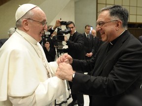 Pope Francis greets Fr. Rosica on March 16, three days after the Papal conclave ended at the Vatican. (Courtesy of Salt and Light Catholic Media Foundation and Vatican Photographic Service.)