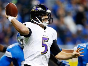 Baltimore quarterback Joe Flacco throws a pass during the first quarter against the Lions in Detroit Monday. (AP Photo/Rick Osentoski)