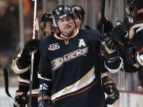 Anaheim's Teemu Selanne receives high fives from the bench after scoring a goal against the Oilers Sunday. (Photo by Jeff Gross/Getty Images)