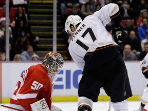 Detroit goalie Jonas Gustavsson, left, makes a save on Anaheim's Dustin Penner Tuesday. (AP Photo/Carlos Osorio)