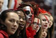 Brennan fans, from left, Caila MacGregor, Phyllis Essibrah, Mallory Parent, Kaitlin Drouillard, Payton Poisson and Bianca Mihali cheer on their team against the St. Joseph Lasers at the WFCU Centre. (TYLER BROWNBRIDGE/The Windsor Star)
