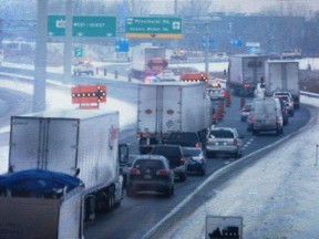 Traffic coming into Windsor on Highway 401 was being diverted Tuesday morning following congestion resulting from a jackknifed tractor-trailer. (TwitPic: Dan Janisse/The Windsor Star)