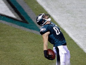 Tight end Brent Celek #87 of the Philadelphia Eagles celebrates after making a catch in the end zone for a touchdown against the Chicago Bears in the first quarter during a game at Lincoln Financial Field on December 22, 2013 in Philadelphia, Pennsylvania. (Photo by Rich Schultz /Getty Images)